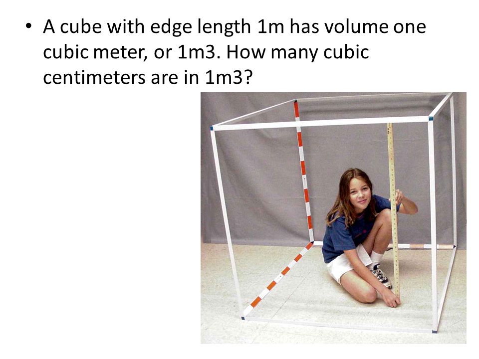 A cube with edge length 1m has volume one cubic meter, or 1m3.