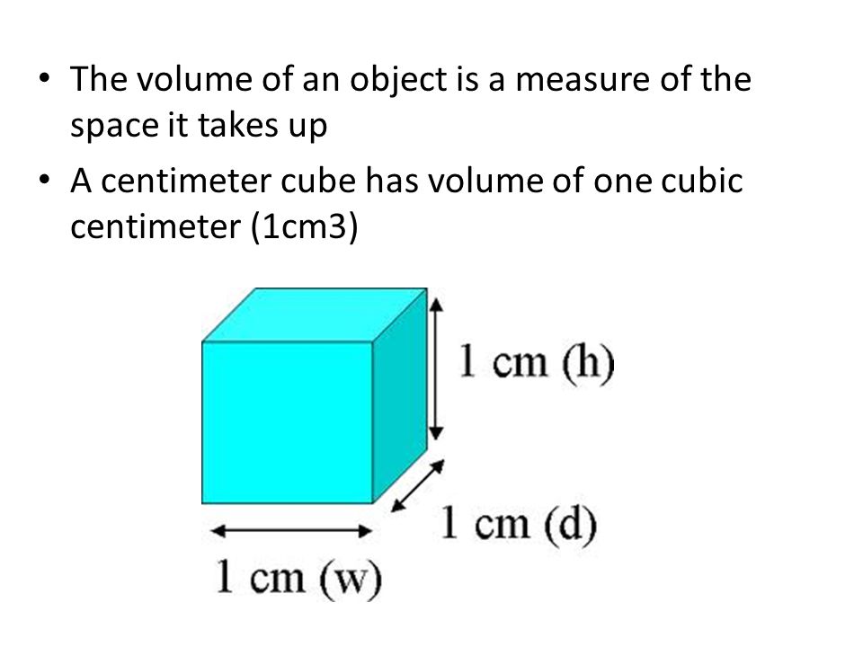 The volume of an object is a measure of the space it takes up A centimeter cube has volume of one cubic centimeter (1cm3)