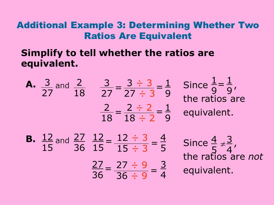 Additional Example 3: Determining Whether Two Ratios Are Equivalent Simplify to tell whether the ratios are equivalent.