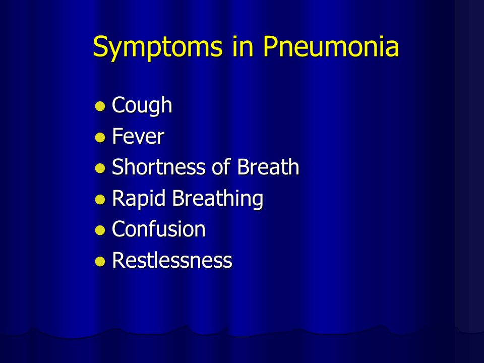 Symptoms in Pneumonia Symptoms in Pneumonia Cough Cough Fever Fever Shortness of Breath Shortness of Breath Rapid Breathing Rapid Breathing Confusion Confusion Restlessness Restlessness