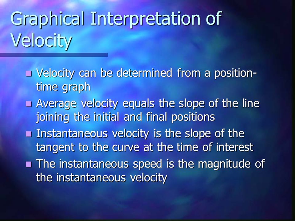 Graphical Interpretation of Velocity Velocity can be determined from a position- time graph Velocity can be determined from a position- time graph Average velocity equals the slope of the line joining the initial and final positions Average velocity equals the slope of the line joining the initial and final positions Instantaneous velocity is the slope of the tangent to the curve at the time of interest Instantaneous velocity is the slope of the tangent to the curve at the time of interest The instantaneous speed is the magnitude of the instantaneous velocity The instantaneous speed is the magnitude of the instantaneous velocity