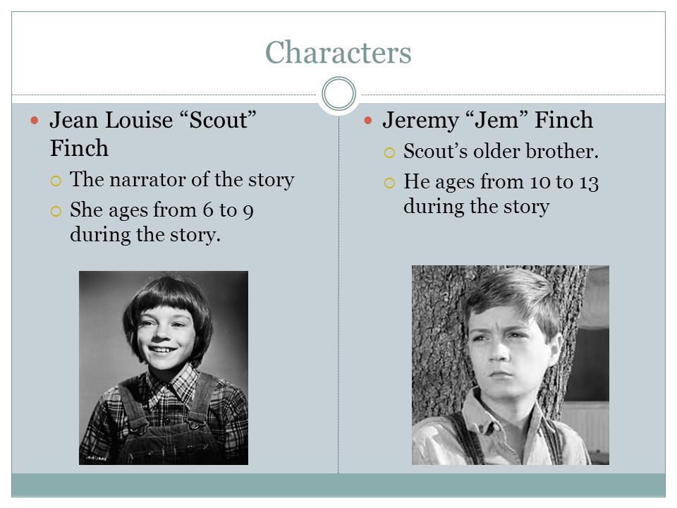 Characters Jean Louise Scout Finch  The narrator of the story  She ages from 6 to 9 during the story.
