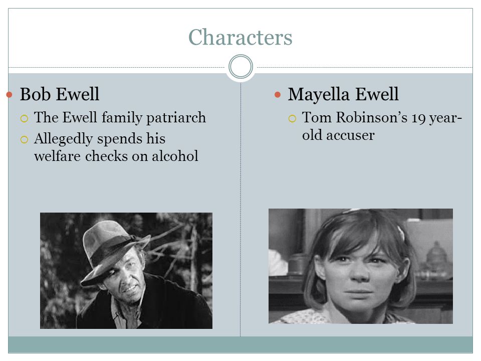 Characters Bob Ewell  The Ewell family patriarch  Allegedly spends his welfare checks on alcohol Mayella Ewell  Tom Robinson’s 19 year- old accuser