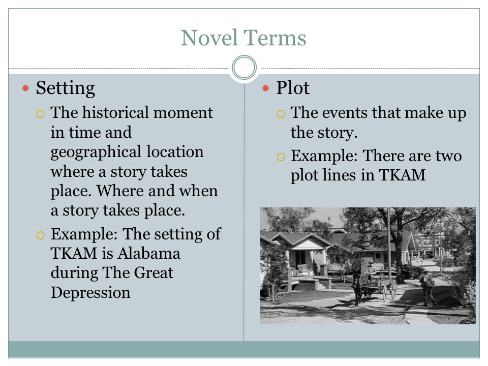 Novel Terms Setting  The historical moment in time and geographical location where a story takes place.