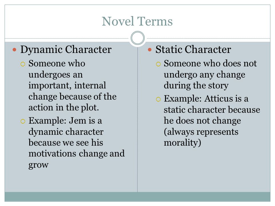 Novel Terms Dynamic Character  Someone who undergoes an important, internal change because of the action in the plot.