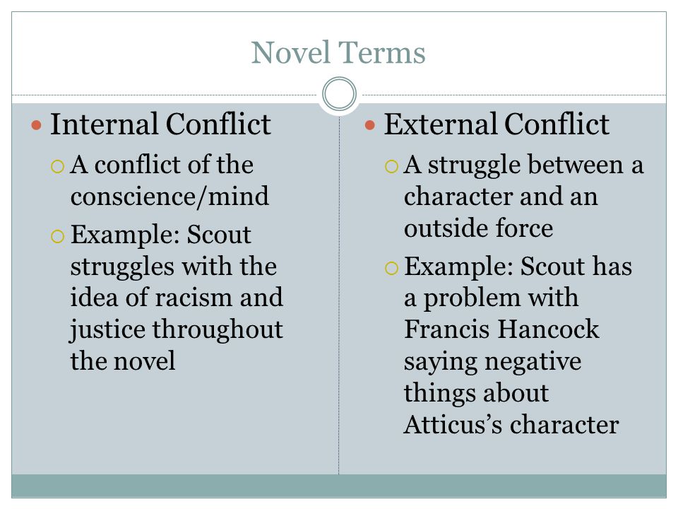 Novel Terms Internal Conflict  A conflict of the conscience/mind  Example: Scout struggles with the idea of racism and justice throughout the novel External Conflict  A struggle between a character and an outside force  Example: Scout has a problem with Francis Hancock saying negative things about Atticus’s character