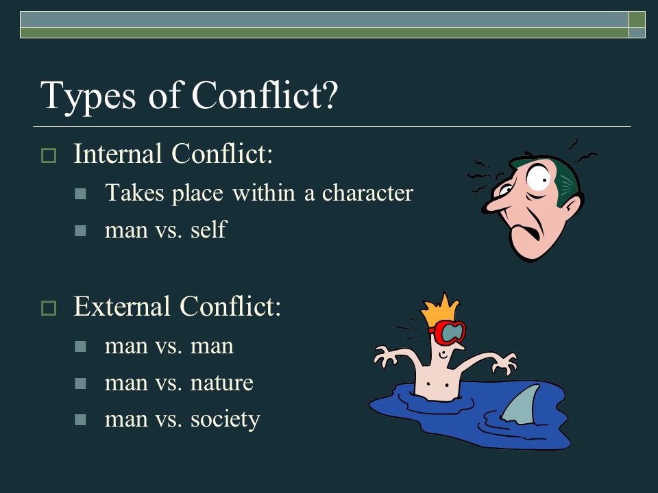 Types of Conflict.  Internal Conflict: Takes place within a character man vs.