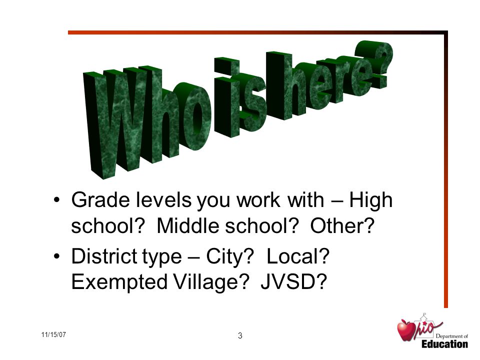 11/15/07 3 Grade levels you work with – High school.