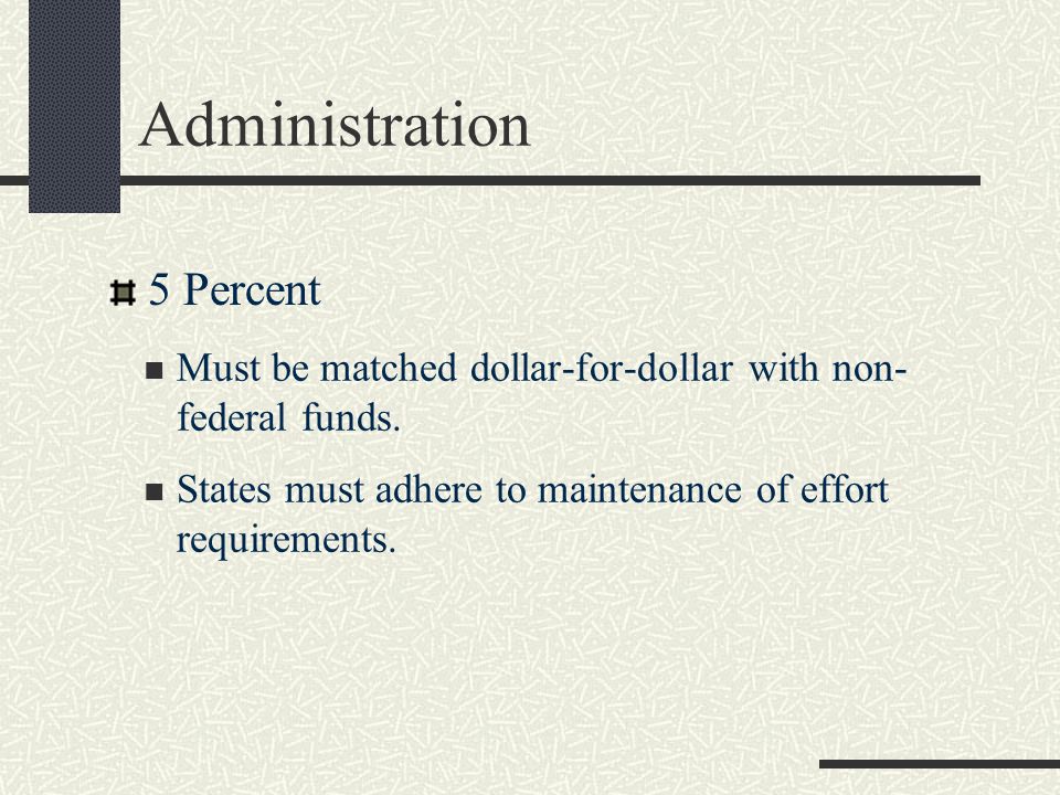 Administration Must be matched dollar-for-dollar with non- federal funds.
