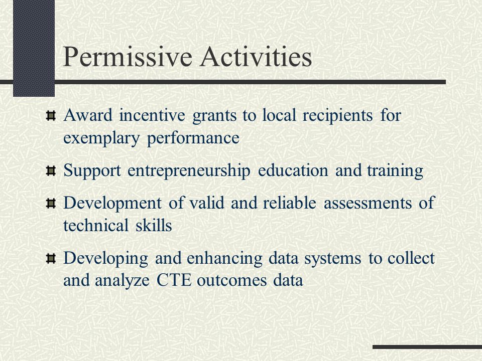 Permissive Activities Award incentive grants to local recipients for exemplary performance Support entrepreneurship education and training Development of valid and reliable assessments of technical skills Developing and enhancing data systems to collect and analyze CTE outcomes data