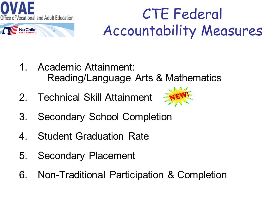 CTE Federal Accountability Measures 1.Academic Attainment: Reading/Language Arts & Mathematics 2.Technical Skill Attainment 3.Secondary School Completion 4.Student Graduation Rate 5.Secondary Placement 6.Non-Traditional Participation & Completion