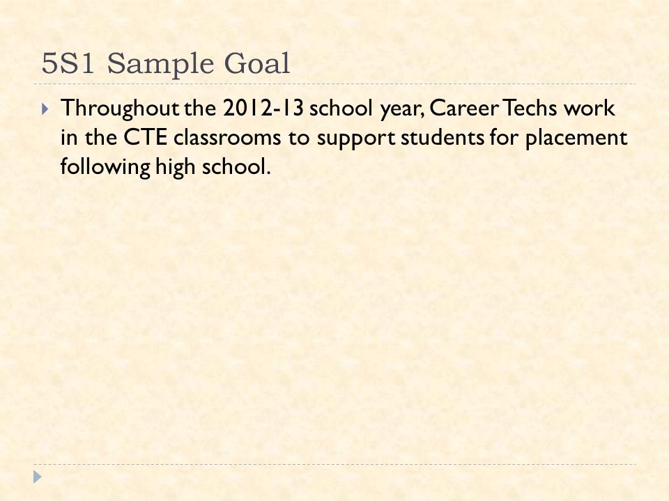 5S1 Sample Goal  Throughout the school year, Career Techs work in the CTE classrooms to support students for placement following high school.