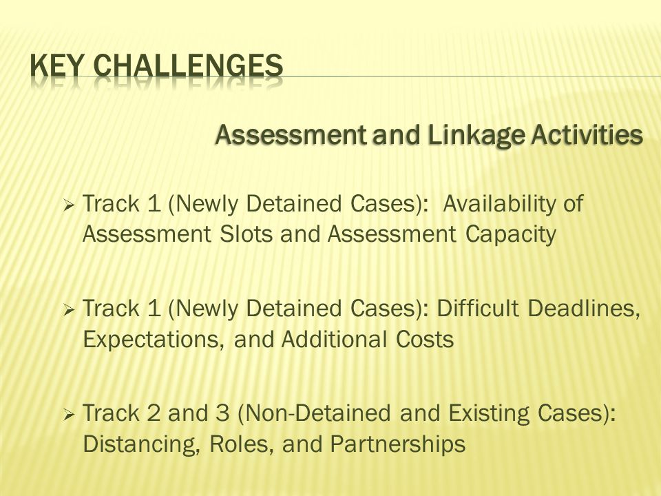 Assessment and Linkage Activities  Track 1 (Newly Detained Cases): Availability of Assessment Slots and Assessment Capacity  Track 1 (Newly Detained Cases): Difficult Deadlines, Expectations, and Additional Costs  Track 2 and 3 (Non-Detained and Existing Cases): Distancing, Roles, and Partnerships
