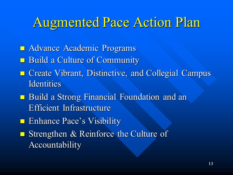 13 Augmented Pace Action Plan Advance Academic Programs Advance Academic Programs Build a Culture of Community Build a Culture of Community Create Vibrant, Distinctive, and Collegial Campus Identities Create Vibrant, Distinctive, and Collegial Campus Identities Build a Strong Financial Foundation and an Efficient Infrastructure Build a Strong Financial Foundation and an Efficient Infrastructure Enhance Pace’s Visibility Enhance Pace’s Visibility Strengthen & Reinforce the Culture of Accountability Strengthen & Reinforce the Culture of Accountability