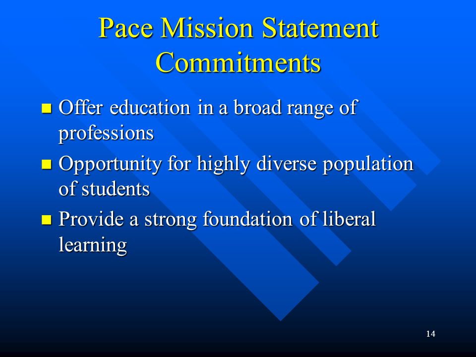 14 Pace Mission Statement Commitments Offer education in a broad range of professions Offer education in a broad range of professions Opportunity for highly diverse population of students Opportunity for highly diverse population of students Provide a strong foundation of liberal learning Provide a strong foundation of liberal learning