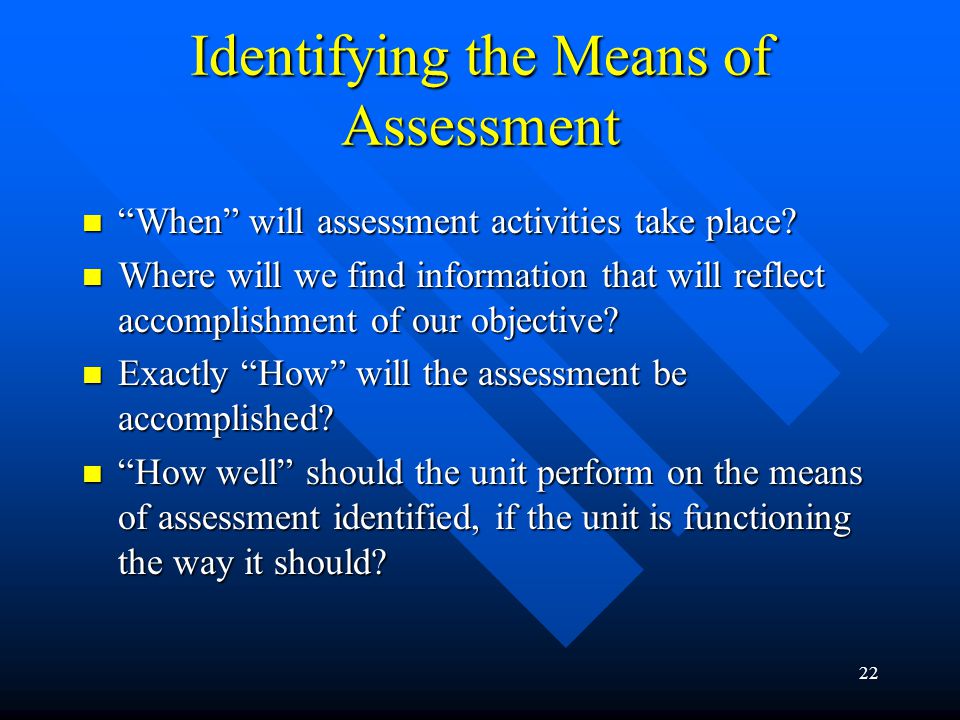22 Identifying the Means of Assessment When will assessment activities take place.