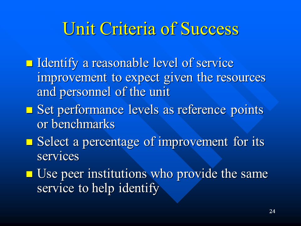 24 Unit Criteria of Success Identify a reasonable level of service improvement to expect given the resources and personnel of the unit Identify a reasonable level of service improvement to expect given the resources and personnel of the unit Set performance levels as reference points or benchmarks Set performance levels as reference points or benchmarks Select a percentage of improvement for its services Select a percentage of improvement for its services Use peer institutions who provide the same service to help identify Use peer institutions who provide the same service to help identify