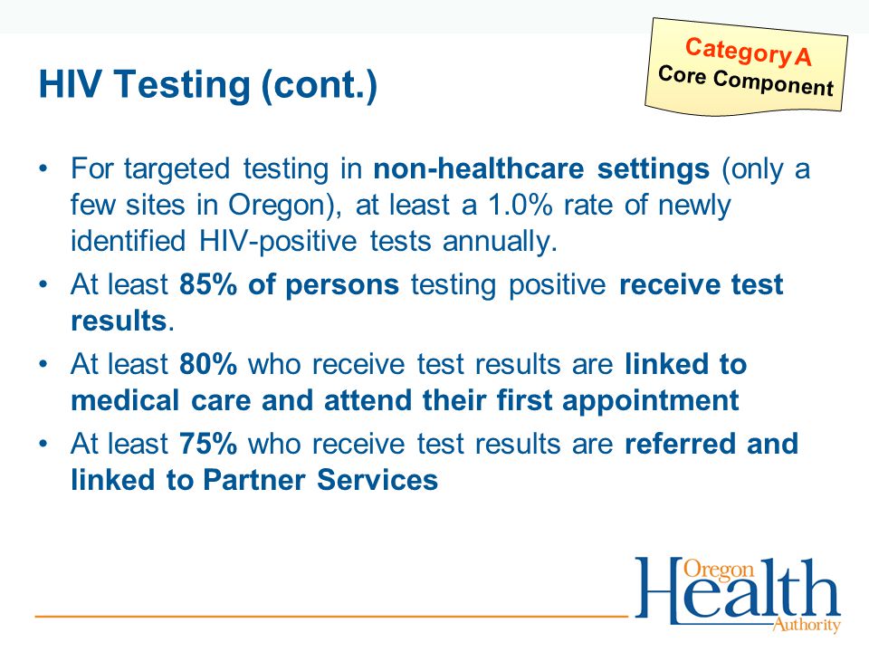 HIV Testing (cont.) For targeted testing in non-healthcare settings (only a few sites in Oregon), at least a 1.0% rate of newly identified HIV-positive tests annually.
