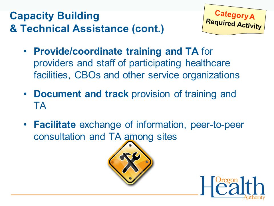 Capacity Building & Technical Assistance (cont.) Provide/coordinate training and TA for providers and staff of participating healthcare facilities, CBOs and other service organizations Document and track provision of training and TA Facilitate exchange of information, peer-to-peer consultation and TA among sites Category A Required Activity