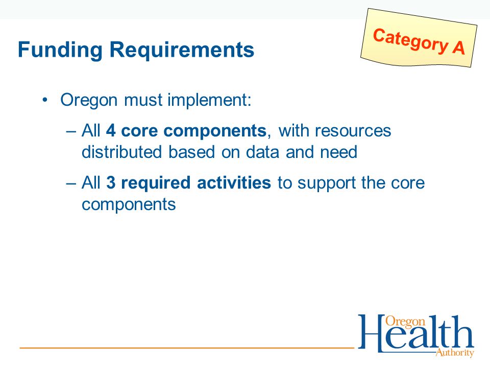Funding Requirements Oregon must implement: –All 4 core components, with resources distributed based on data and need –All 3 required activities to support the core components Category A