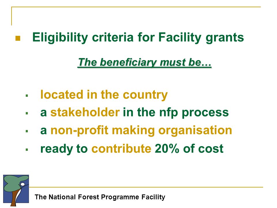 The National Forest Programme Facility Eligibility criteria for Facility grants The beneficiary must be…  located in the country  a stakeholder in the nfp process  a non-profit making organisation  ready to contribute 20% of cost