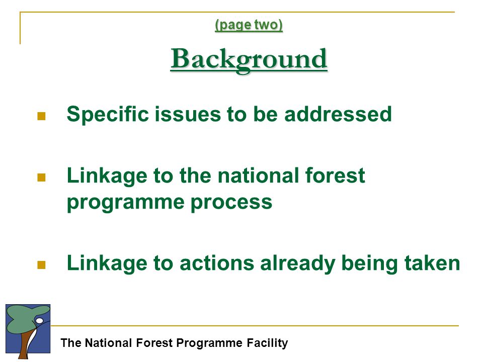 The National Forest Programme Facility (page two) Background Specific issues to be addressed Linkage to the national forest programme process Linkage to actions already being taken