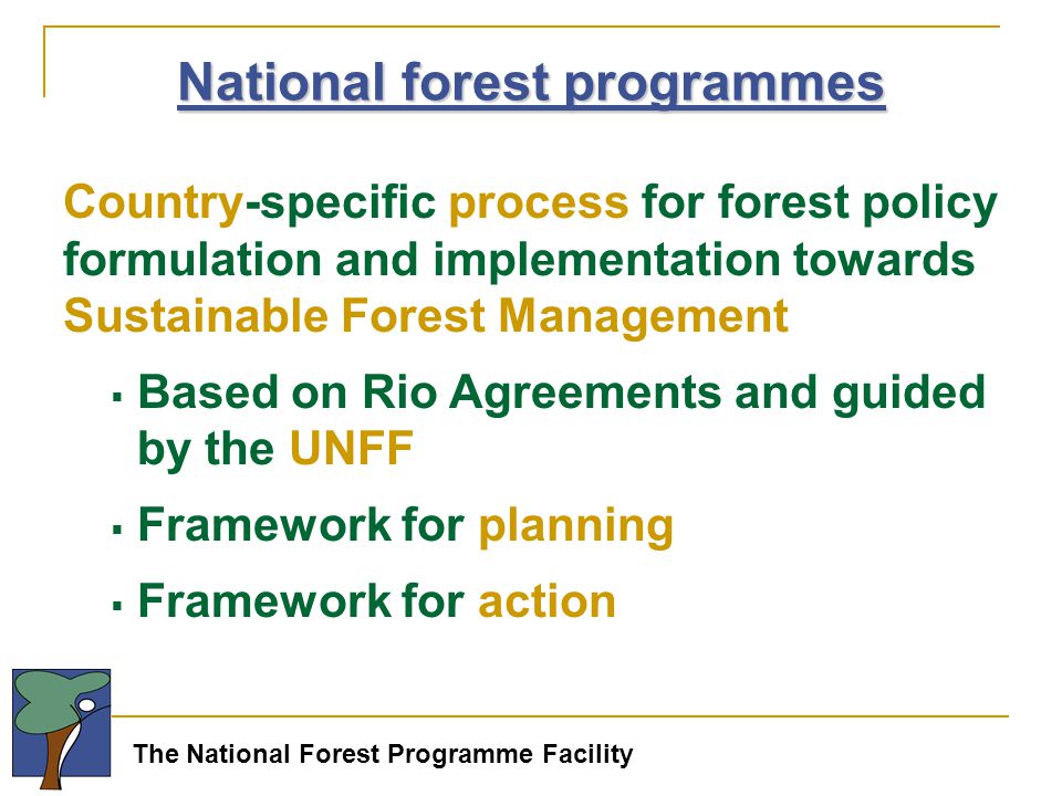 The National Forest Programme Facility Country-specific process for forest policy formulation and implementation towards Sustainable Forest Management  Based on Rio Agreements and guided by the UNFF  Framework for planning  Framework for action National forest programmes