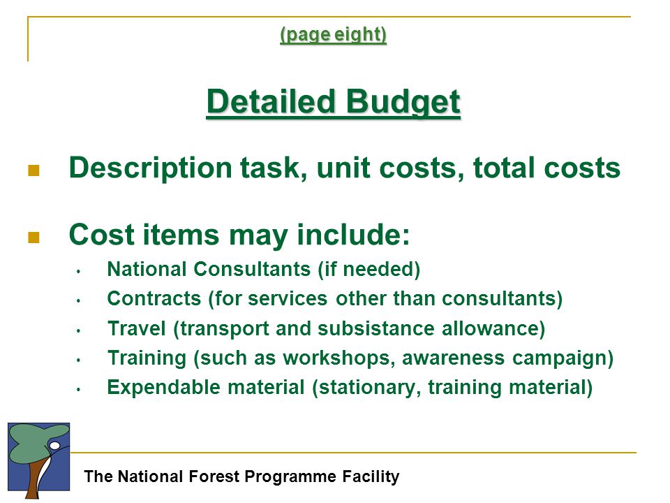 The National Forest Programme Facility (page eight) Detailed Budget Description task, unit costs, total costs Cost items may include: National Consultants (if needed) Contracts (for services other than consultants) Travel (transport and subsistance allowance) Training (such as workshops, awareness campaign) Expendable material (stationary, training material)