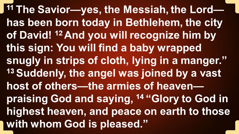 11 The Savior—yes, the Messiah, the Lord— has been born today in Bethlehem, the city of David.