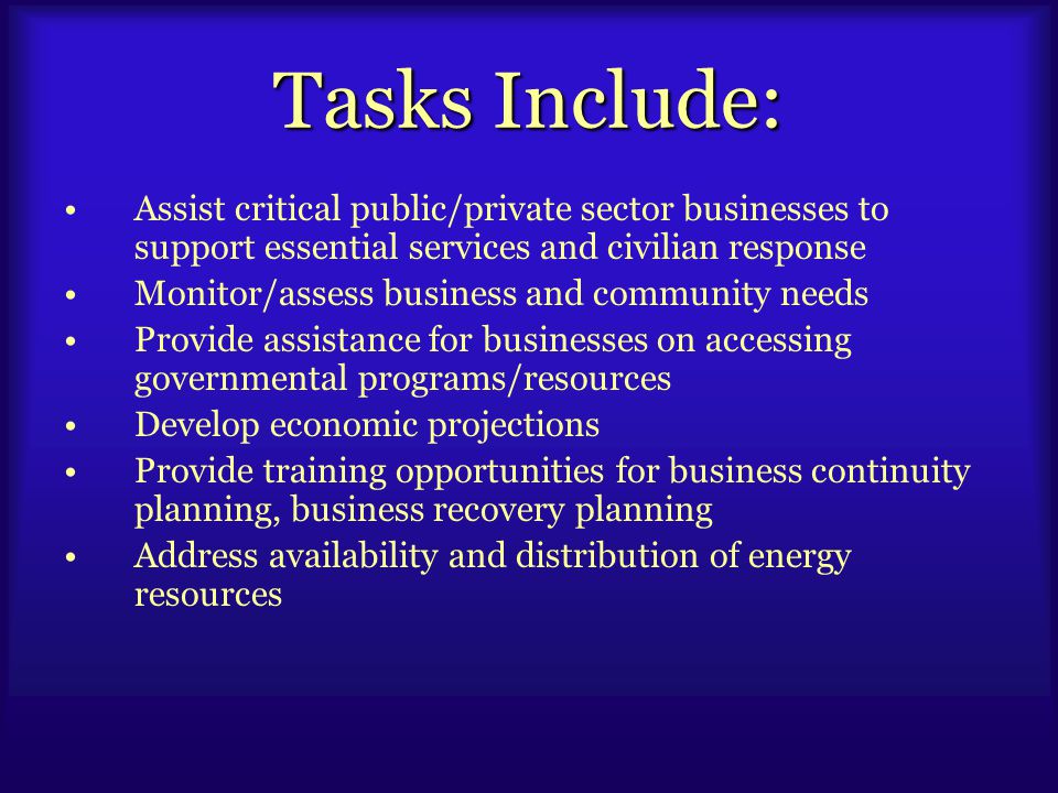 Tasks Include: Assist critical public/private sector businesses to support essential services and civilian response Monitor/assess business and community needs Provide assistance for businesses on accessing governmental programs/resources Develop economic projections Provide training opportunities for business continuity planning, business recovery planning Address availability and distribution of energy resources