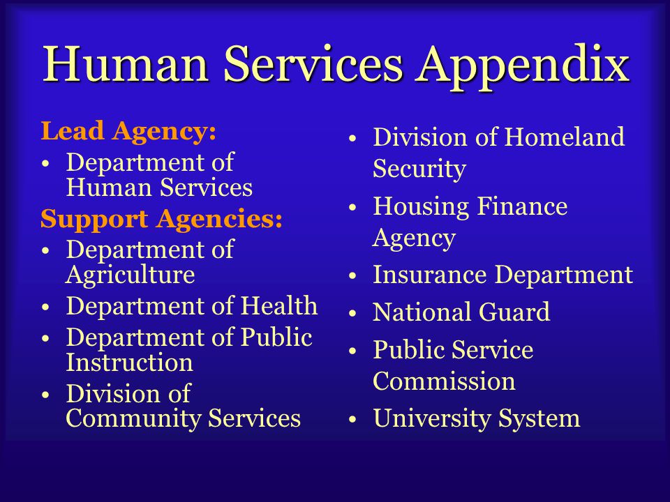 Human Services Appendix Lead Agency: Department of Human Services Support Agencies: Department of Agriculture Department of Health Department of Public Instruction Division of Community Services Division of Homeland Security Housing Finance Agency Insurance Department National Guard Public Service Commission University System