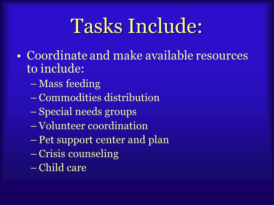 Tasks Include: Coordinate and make available resources to include: –Mass feeding –Commodities distribution –Special needs groups –Volunteer coordination –Pet support center and plan –Crisis counseling –Child care