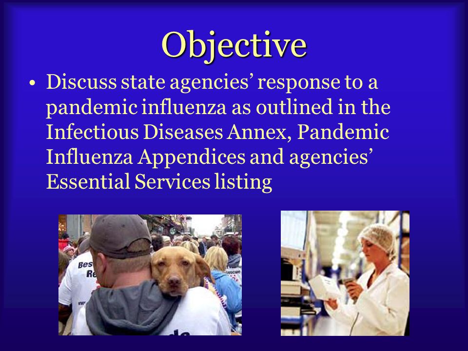 Objective Discuss state agencies’ response to a pandemic influenza as outlined in the Infectious Diseases Annex, Pandemic Influenza Appendices and agencies’ Essential Services listing