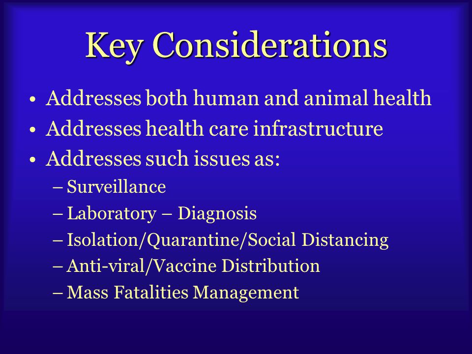 Key Considerations Addresses both human and animal health Addresses health care infrastructure Addresses such issues as: –Surveillance –Laboratory – Diagnosis –Isolation/Quarantine/Social Distancing –Anti-viral/Vaccine Distribution –Mass Fatalities Management