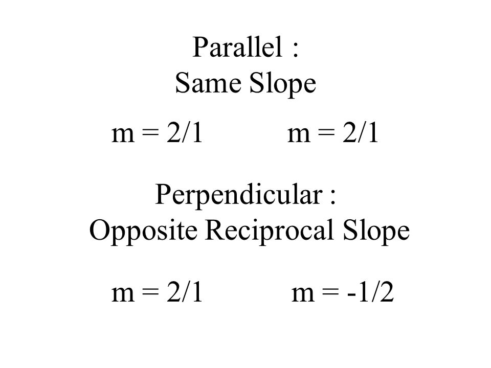 Perpendicular Lines m = 2/1 What is the slope of the 2 nd line m = -1/2