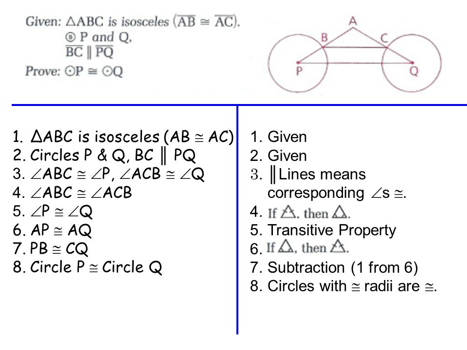 1.ΔABC is isosceles (AB  AC) 2.Circles P & Q, BC ║ PQ 3.