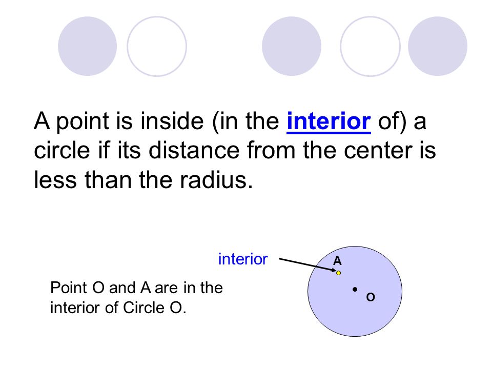 A point is inside (in the interior of) a circle if its distance from the center is less than the radius.