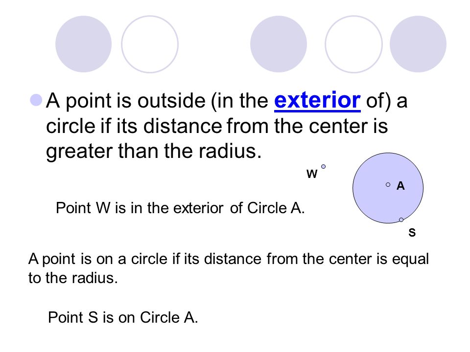 A point is outside (in the exterior of) a circle if its distance from the center is greater than the radius.