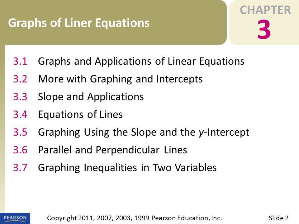 CHAPTER 3 Graphs of Liner Equations Slide 2Copyright 2011, 2007, 2003, 1999 Pearson Education, Inc.