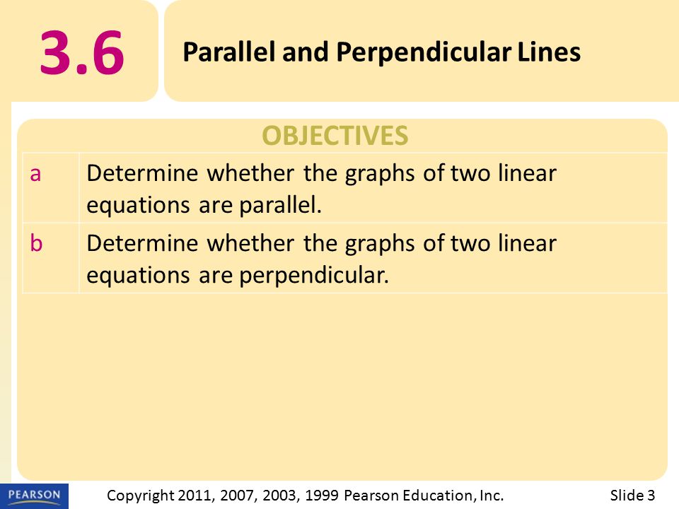 OBJECTIVES 3.6 Parallel and Perpendicular Lines Slide 3Copyright 2011, 2007, 2003, 1999 Pearson Education, Inc.