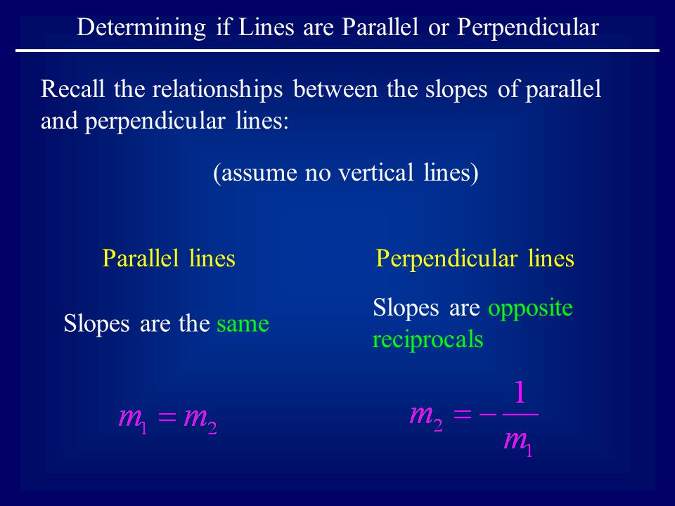 Determining if Lines are Parallel or Perpendicular Parallel linesPerpendicular lines Slopes are the same Slopes are opposite reciprocals (assume no vertical lines) Recall the relationships between the slopes of parallel and perpendicular lines: