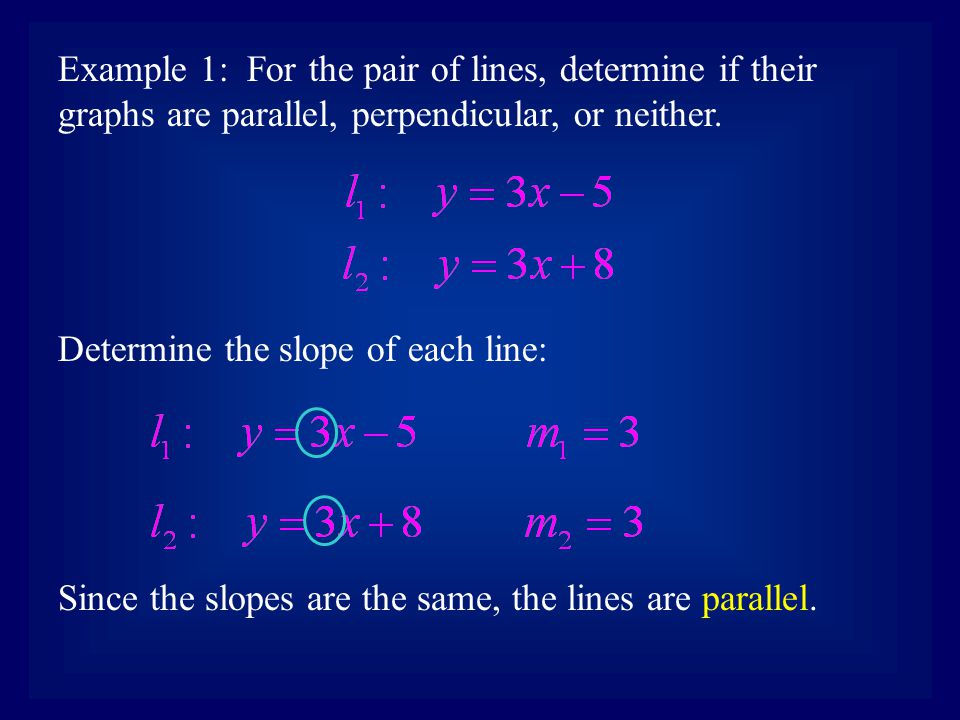 Example 1: For the pair of lines, determine if their graphs are parallel, perpendicular, or neither.