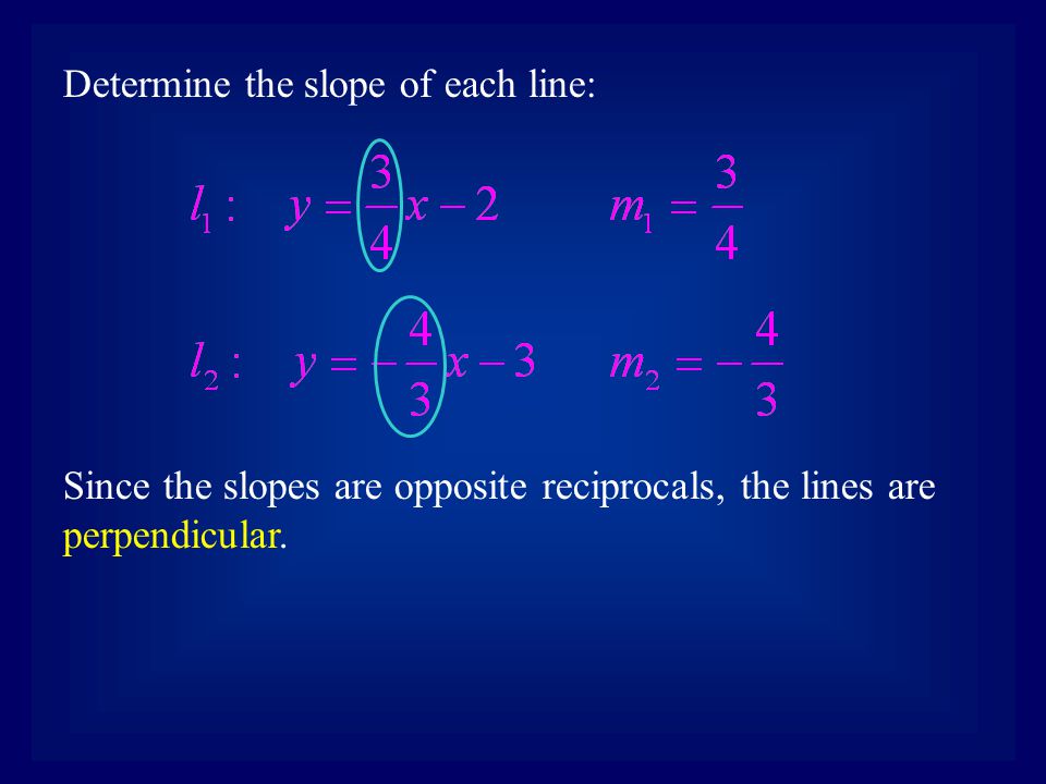 Determine the slope of each line: Since the slopes are opposite reciprocals, the lines are perpendicular.