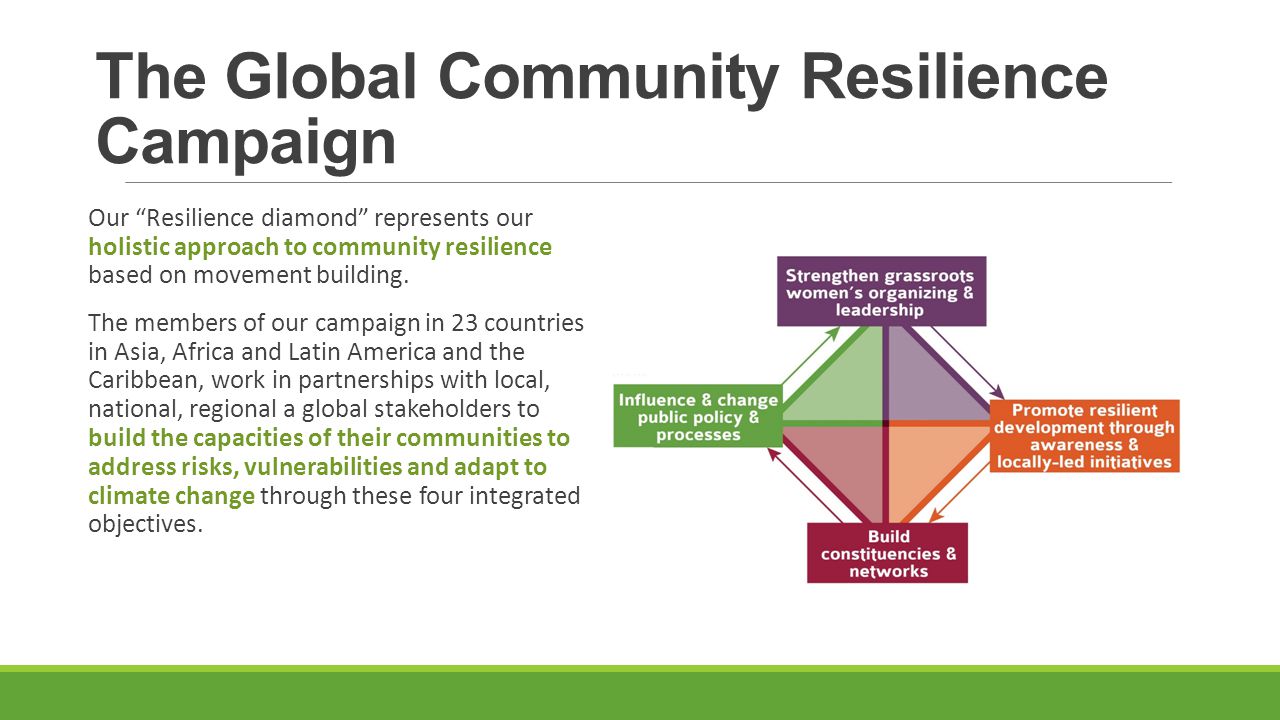 The Global Community Resilience Campaign Our Resilience diamond represents our holistic approach to community resilience based on movement building.