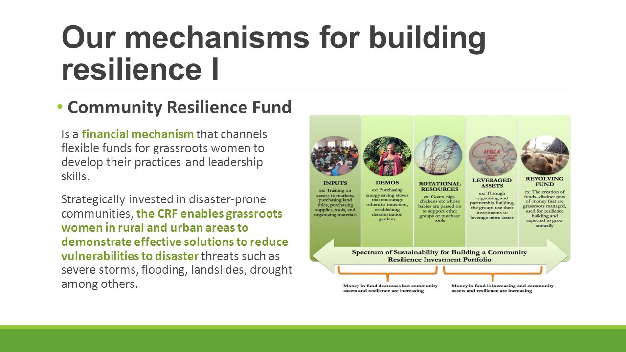 Our mechanisms for building resilience I Community Resilience Fund Is a financial mechanism that channels flexible funds for grassroots women to develop their practices and leadership skills.