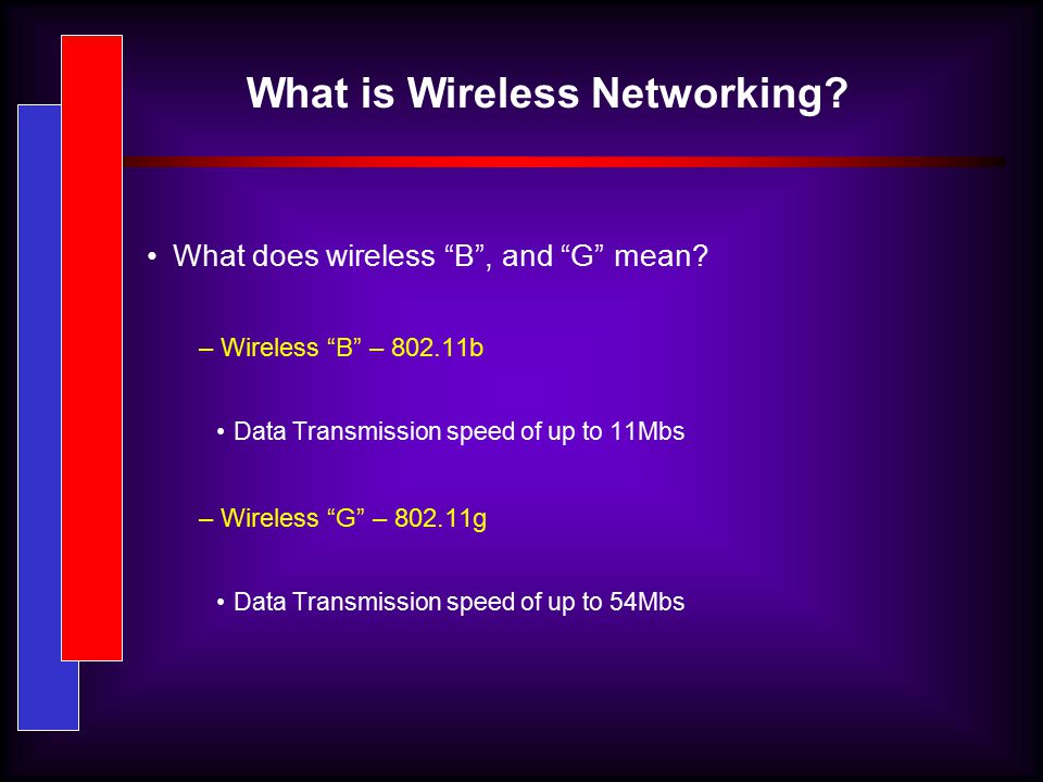 What is Wireless Networking. What does wireless B , and G mean.