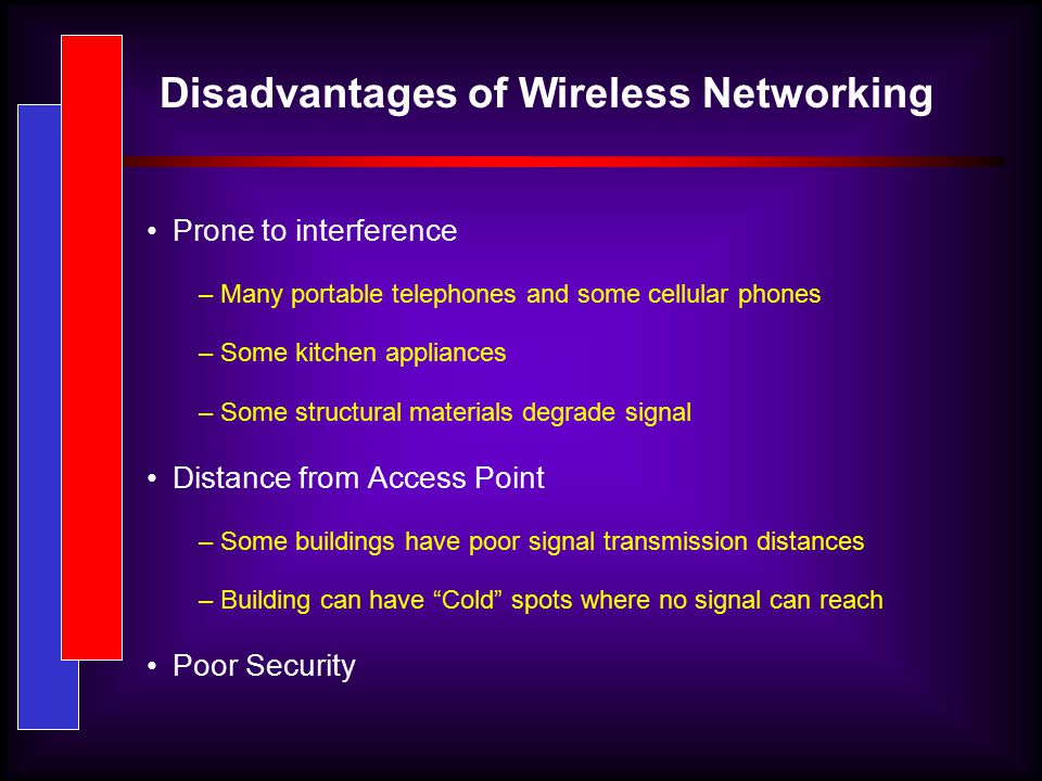 Disadvantages of Wireless Networking Prone to interference – Many portable telephones and some cellular phones – Some kitchen appliances – Some structural materials degrade signal Distance from Access Point – Some buildings have poor signal transmission distances – Building can have Cold spots where no signal can reach Poor Security