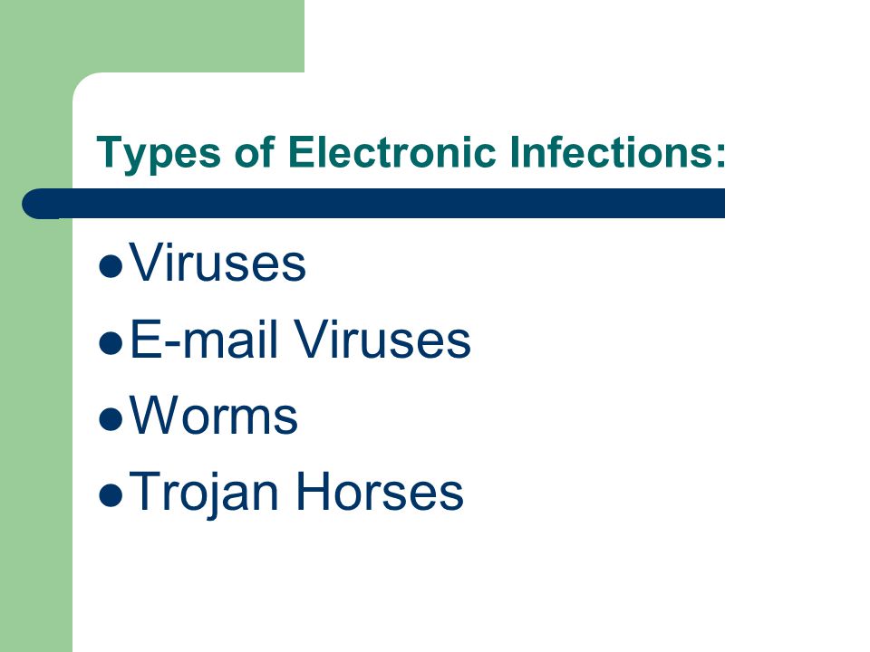 Types of Electronic Infections: Viruses  Viruses Worms Trojan Horses