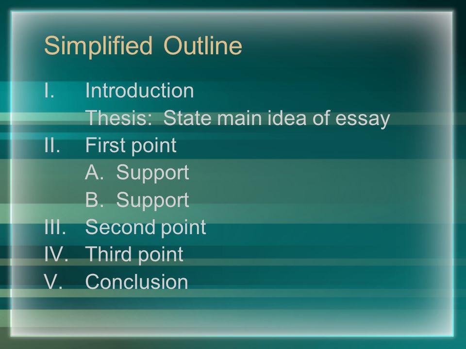 Simplified Outline I.Introduction Thesis: State main idea of essay II.First point A.