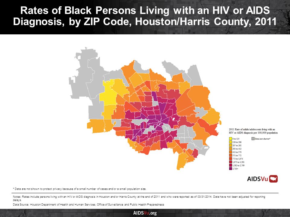 Rates of Black Persons Living with an HIV or AIDS Diagnosis, by ZIP Code, Houston/Harris County, 2011 Notes: Rates include persons living with an HIV or AIDS diagnosis in Houston and/or Harris County at the end of 2011 and who were reported as of 03/31/2014.